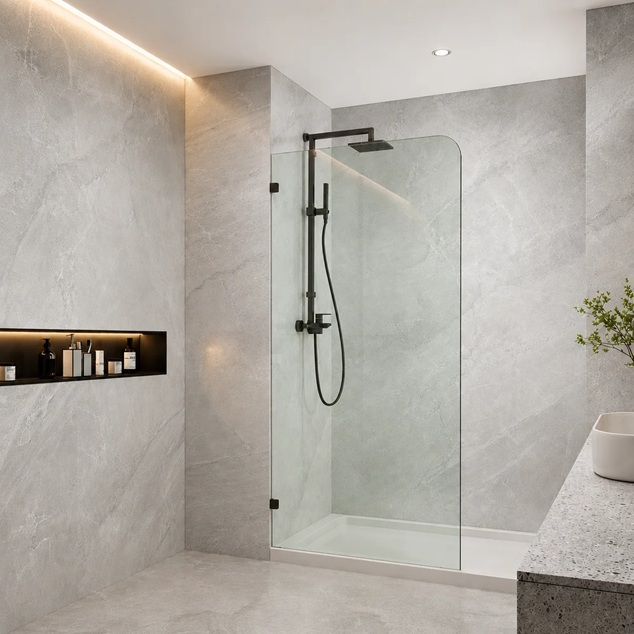 Glass Shower Screen Fixed Panels - Walk-in shower panel with radius corner